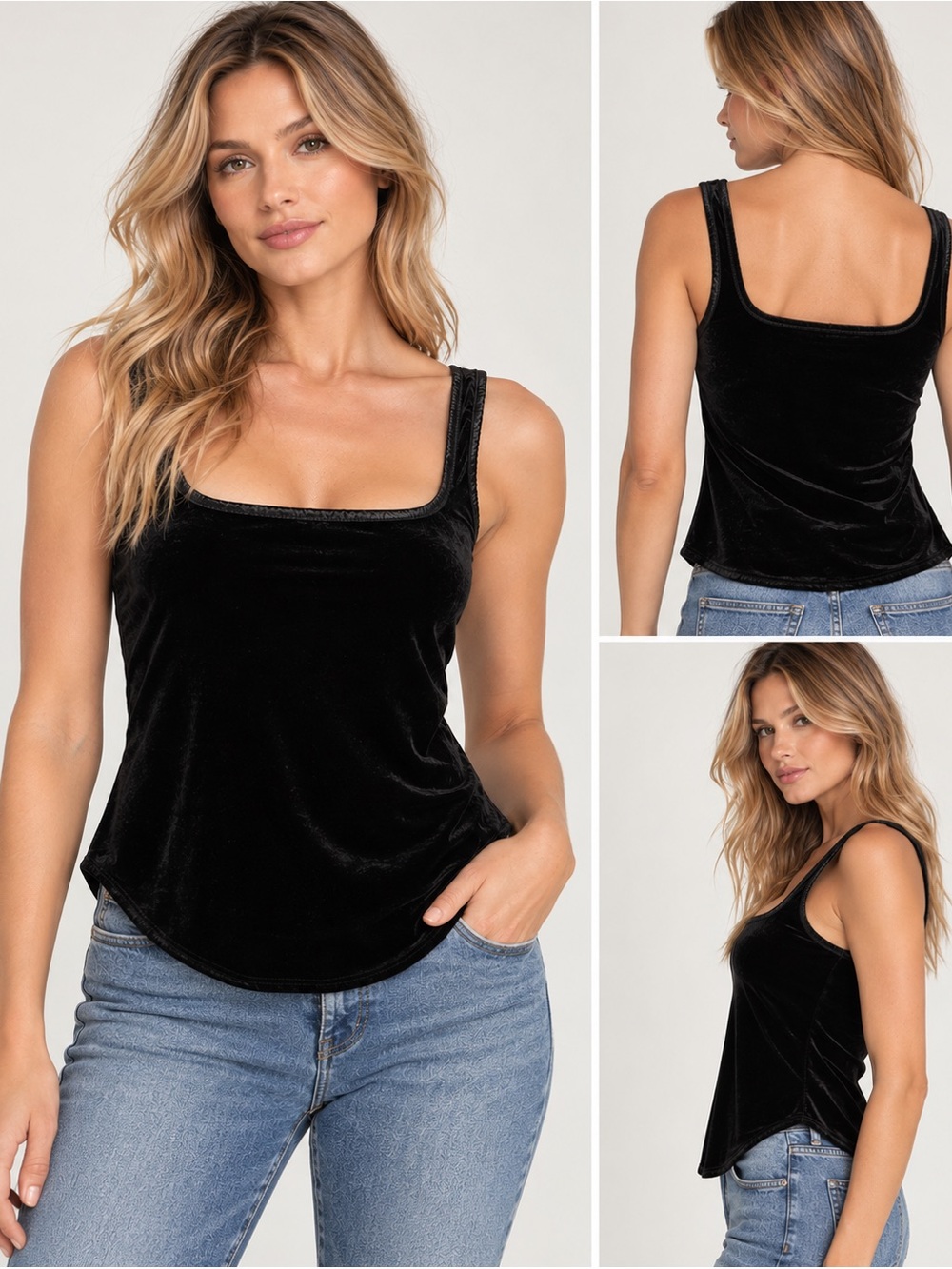 Arianne Black Velvet Square-Neck Tank
